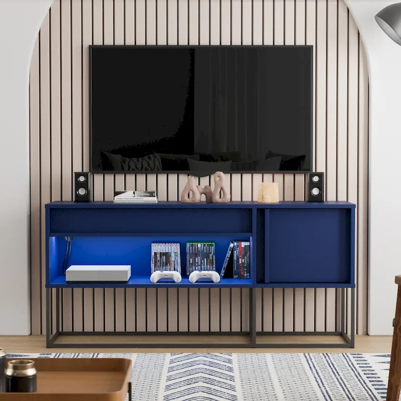 Meuble TV LED de 60 pouces avec tiroir, pieds en métal et éclairage couleur