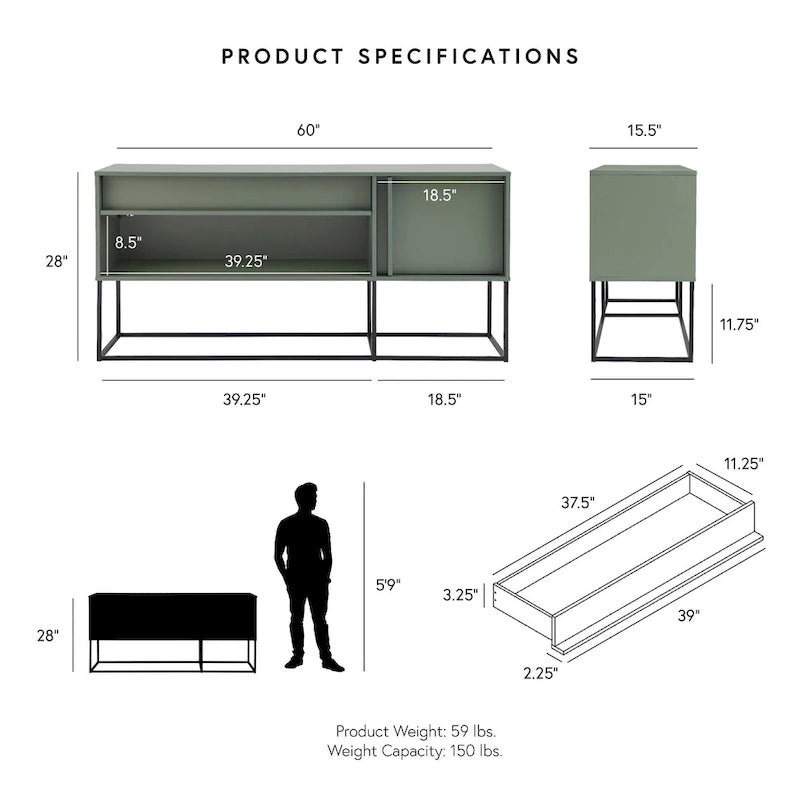 Meuble TV LED de 60 pouces avec tiroir, pieds en métal et éclairage couleur
