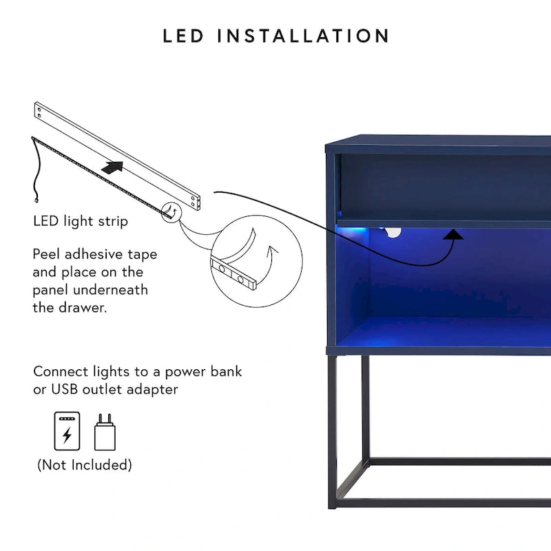 Meuble TV LED de 60 pouces avec tiroir, pieds en métal et éclairage couleur
