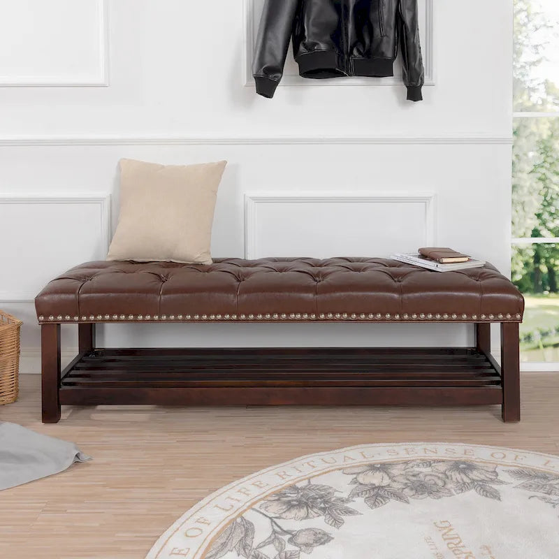 Banc de chambre tapissé en similicuir capitonné avec étagère à lattes en bouleau