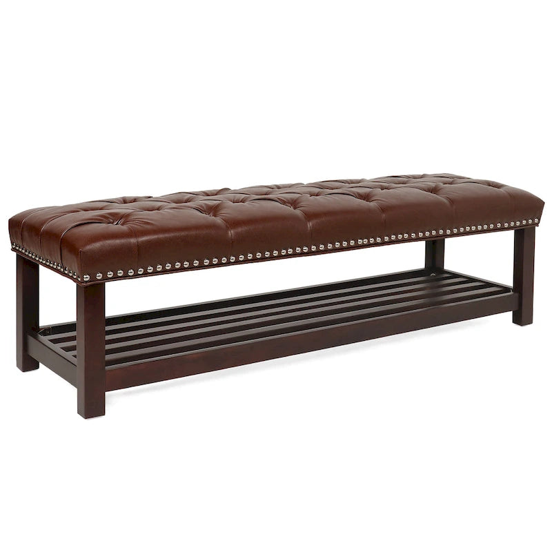 Banc de chambre tapissé en similicuir capitonné avec étagère à lattes en bouleau