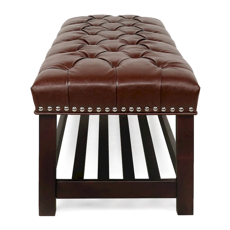 Banc de chambre tapissé en similicuir capitonné avec étagère à lattes en bouleau