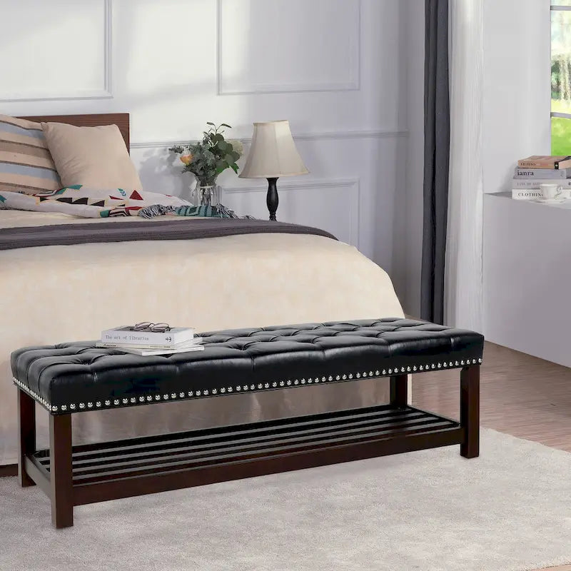 Banc de chambre tapissé en similicuir capitonné avec étagère à lattes en bouleau
