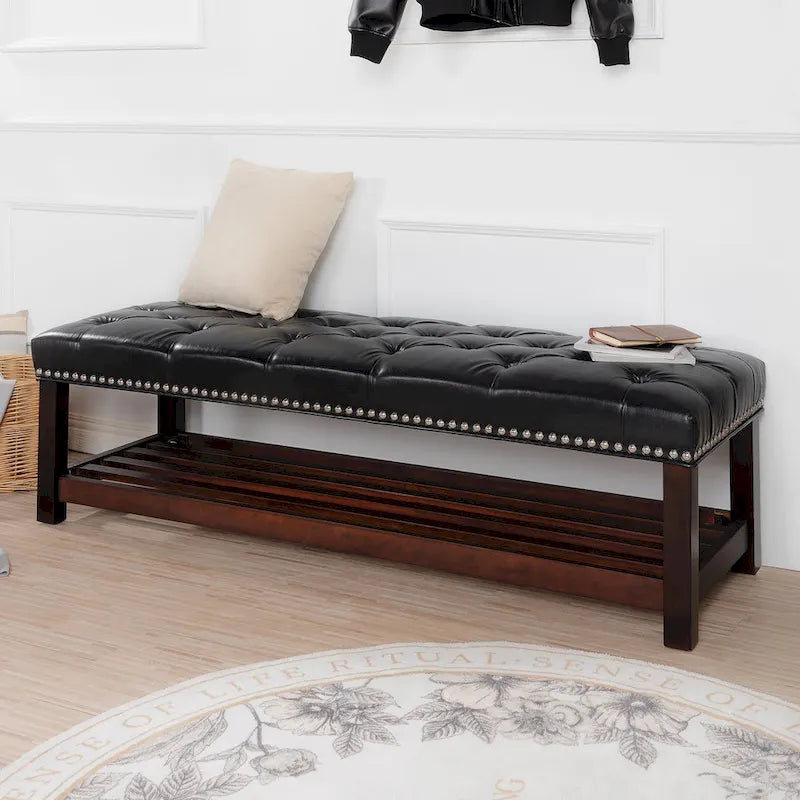Banc de chambre tapissé en similicuir capitonné avec étagère à lattes en bouleau