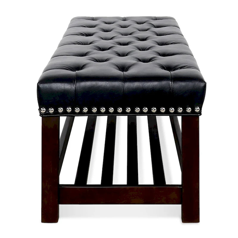 Banc de chambre tapissé en similicuir capitonné avec étagère à lattes en bouleau
