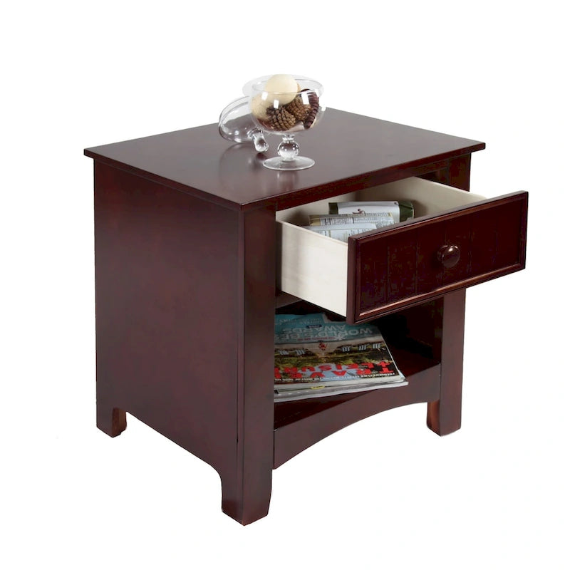 Table de chevet transitoire en bois à 1 tiroir avec étagère ouverte, chêne cerisier blanc expresso