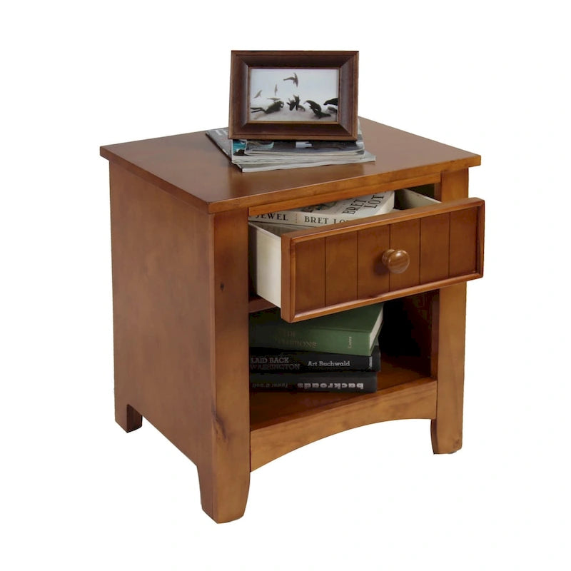 Table de chevet transitoire en bois à 1 tiroir avec étagère ouverte, chêne cerisier blanc expresso