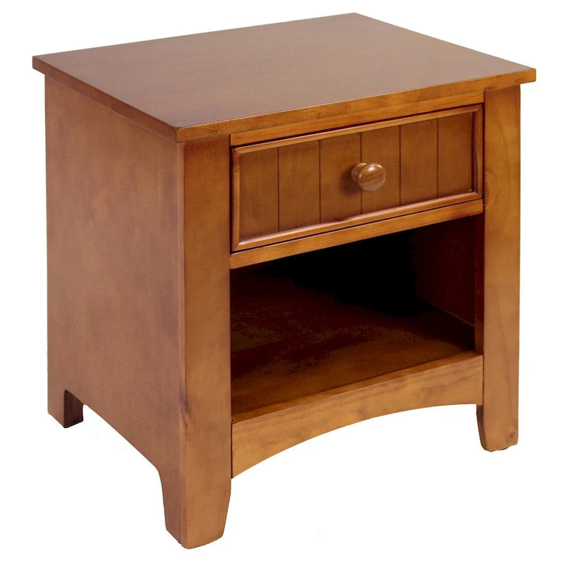 Table de chevet transitoire en bois à 1 tiroir avec étagère ouverte, chêne cerisier blanc expresso