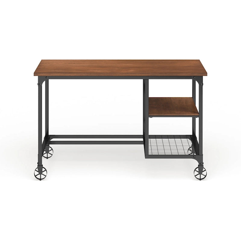 Bureau de style industriel avec plateau en chêne, étagères et cadre en métal noir antique