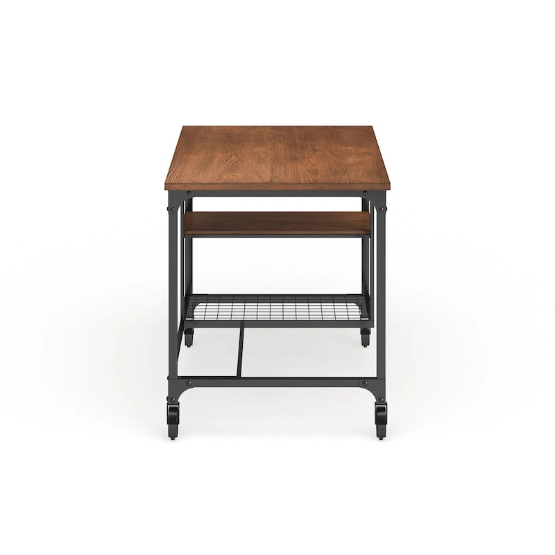 Bureau de style industriel avec plateau en chêne, étagères et cadre en métal noir antique