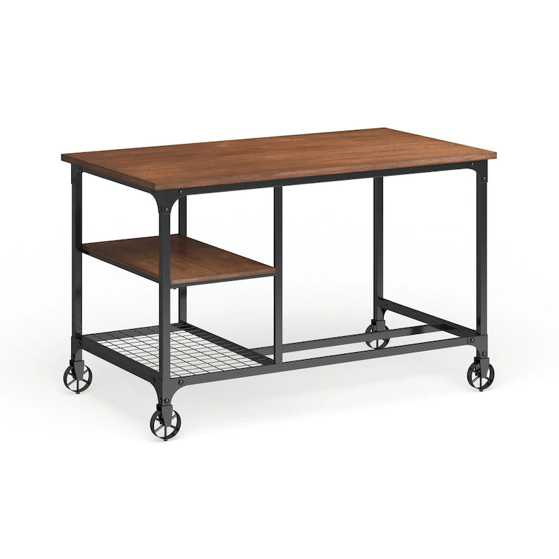 Bureau de style industriel avec plateau en chêne, étagères et cadre en métal noir antique
