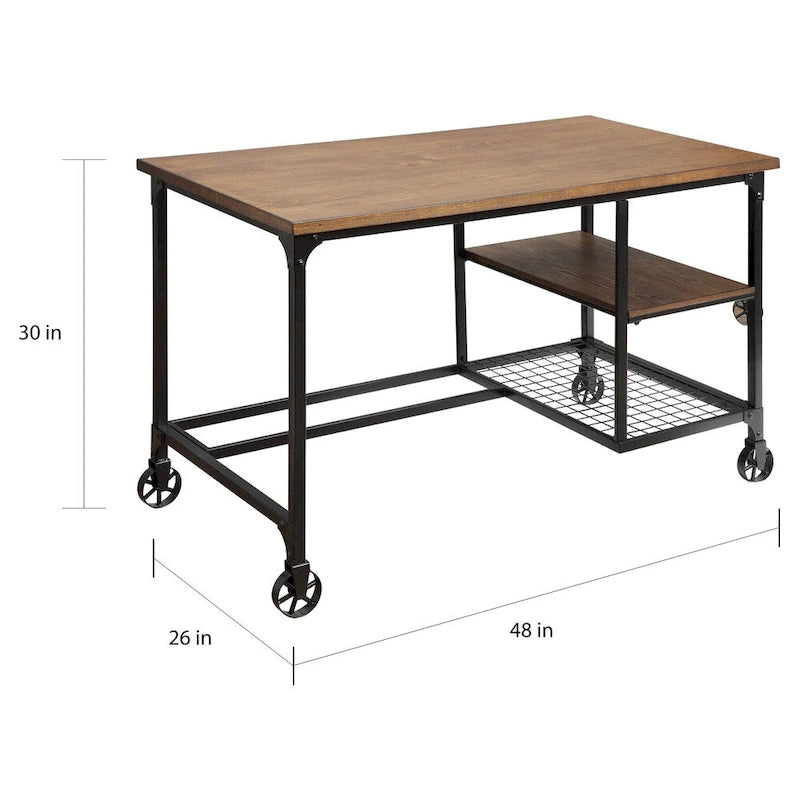 Bureau de style industriel avec plateau en chêne, étagères et cadre en métal noir antique