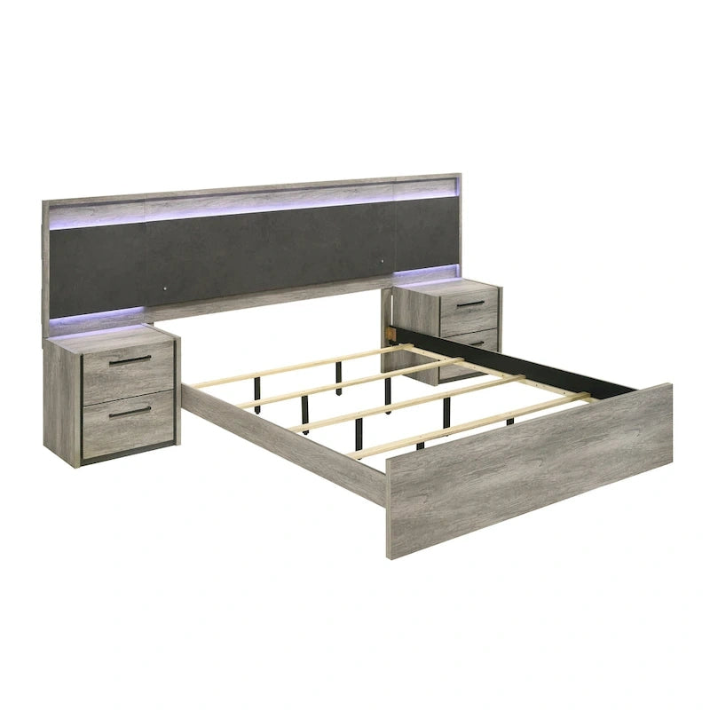 Lit escamotable mural à LED avec tables de chevet intégrées, finition bois gris patiné