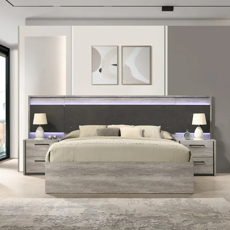 Lit escamotable mural à LED avec tables de chevet intégrées, finition bois gris patiné