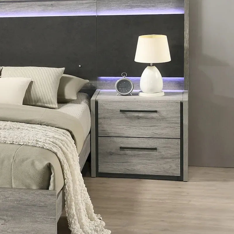Lit escamotable mural à LED avec tables de chevet intégrées, finition bois gris patiné