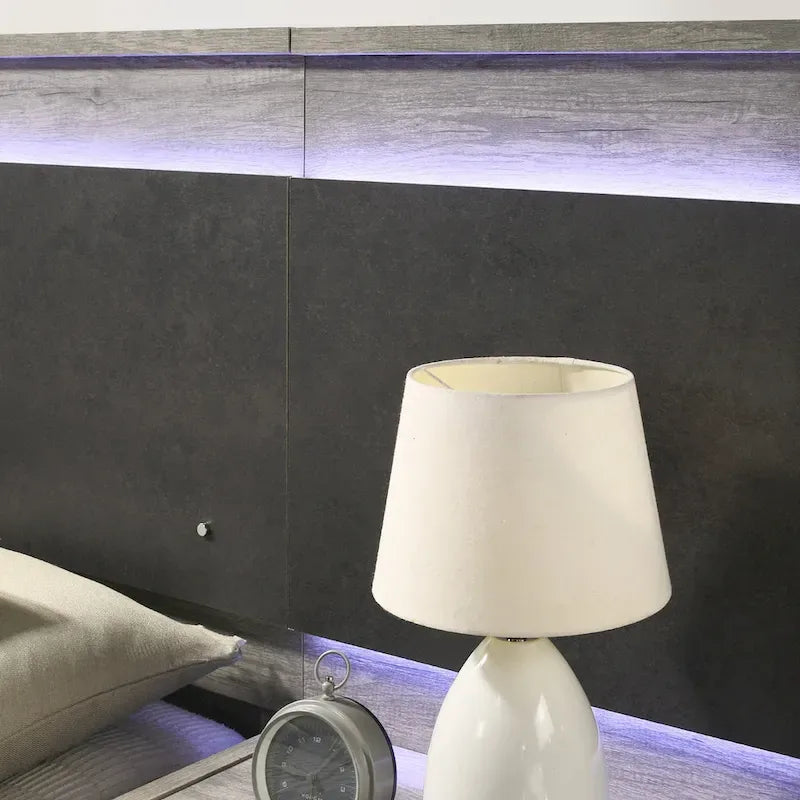 Lit escamotable mural à LED avec tables de chevet intégrées, finition bois gris patiné