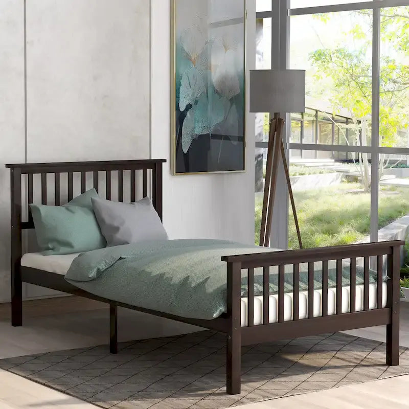 Lit plateforme en bois de pin avec tête de lit, pied de lit et lattes de support, chêne expresso