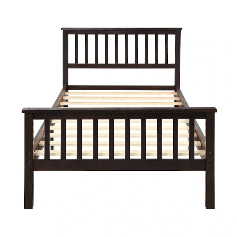 Lit plateforme en bois de pin avec tête de lit, pied de lit et lattes de support, chêne expresso