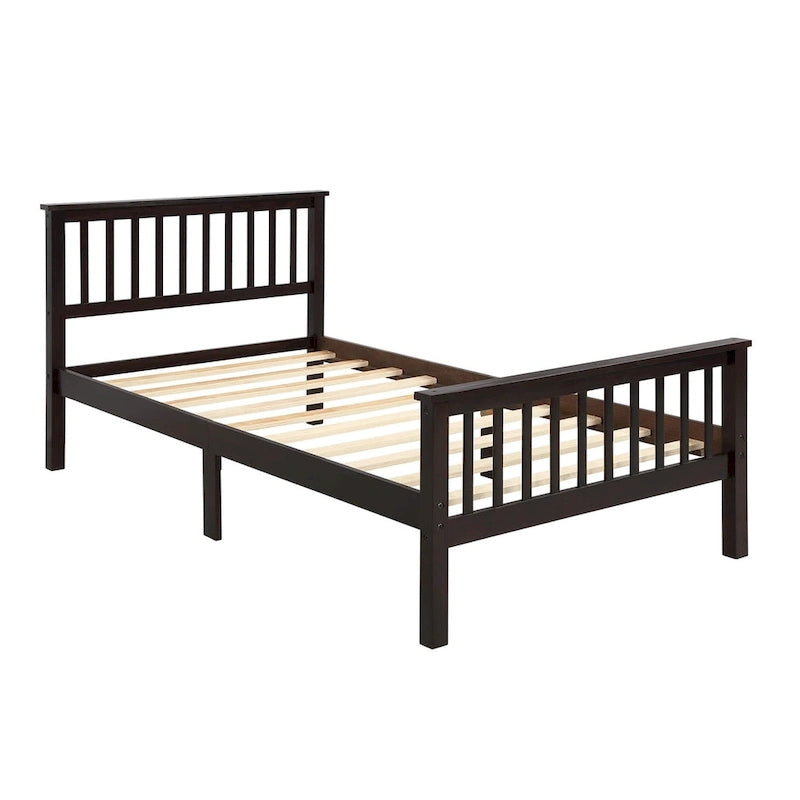 Lit plateforme en bois de pin avec tête de lit, pied de lit et lattes de support, chêne expresso