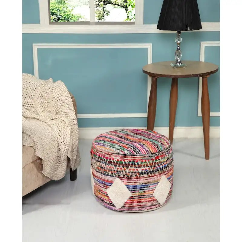 Pouf rond bohème tissé multicolore à motifs losanges