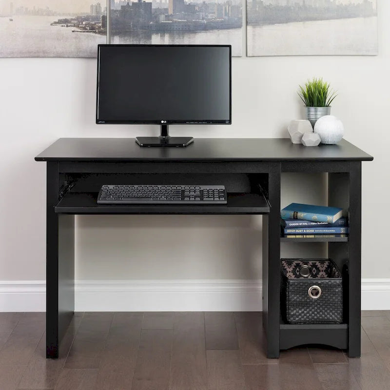 Bureau informatique noir avec tiroir à clavier et étagères de rangement ouvertes