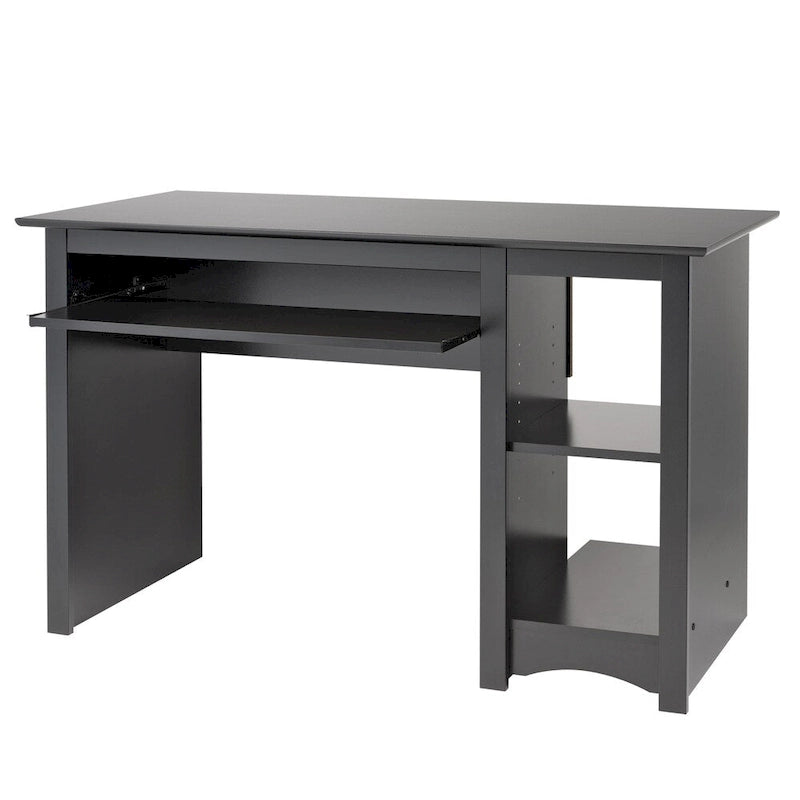 Bureau informatique noir avec tiroir à clavier et étagères de rangement ouvertes
