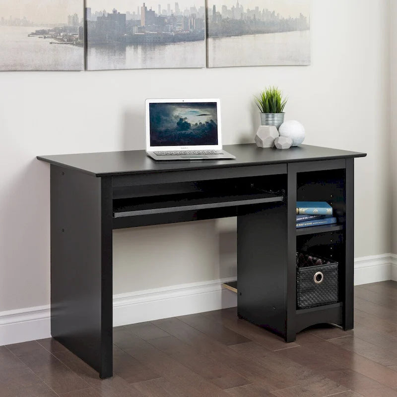 Bureau informatique noir avec tiroir à clavier et étagères de rangement ouvertes
