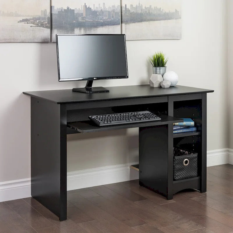 Bureau informatique noir avec tiroir à clavier et étagères de rangement ouvertes