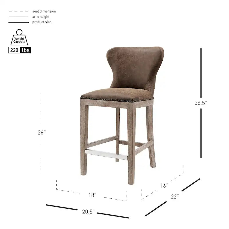 Tabouret de comptoir en nubuck rustique avec dossier haut et repose-pieds