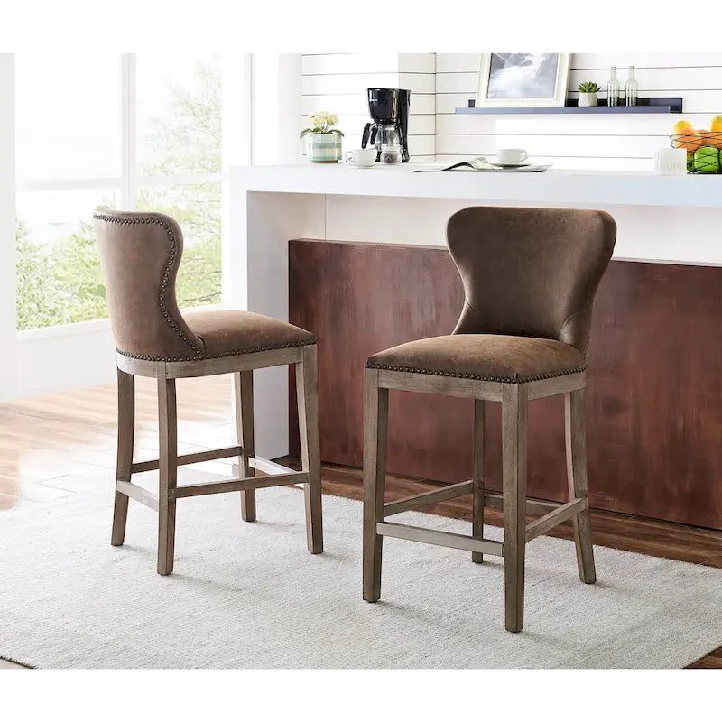 Tabouret de comptoir en nubuck rustique avec dossier haut et repose-pieds