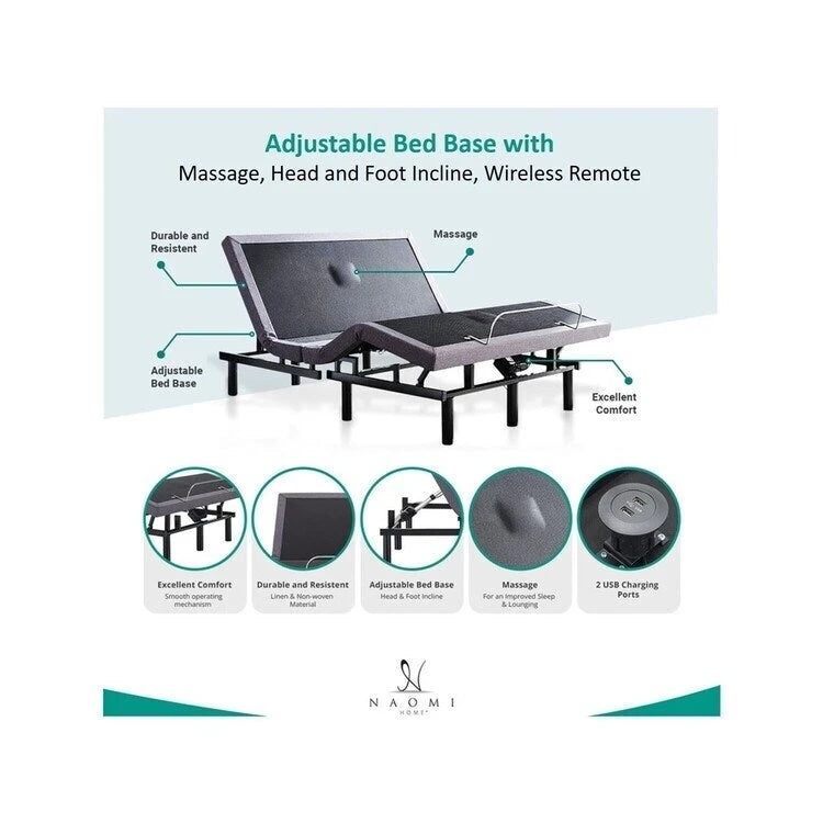 Sommier Électrique Ajustable avec Inclinaison Tête et Pieds Massage Télécommande Sans Fil Gris