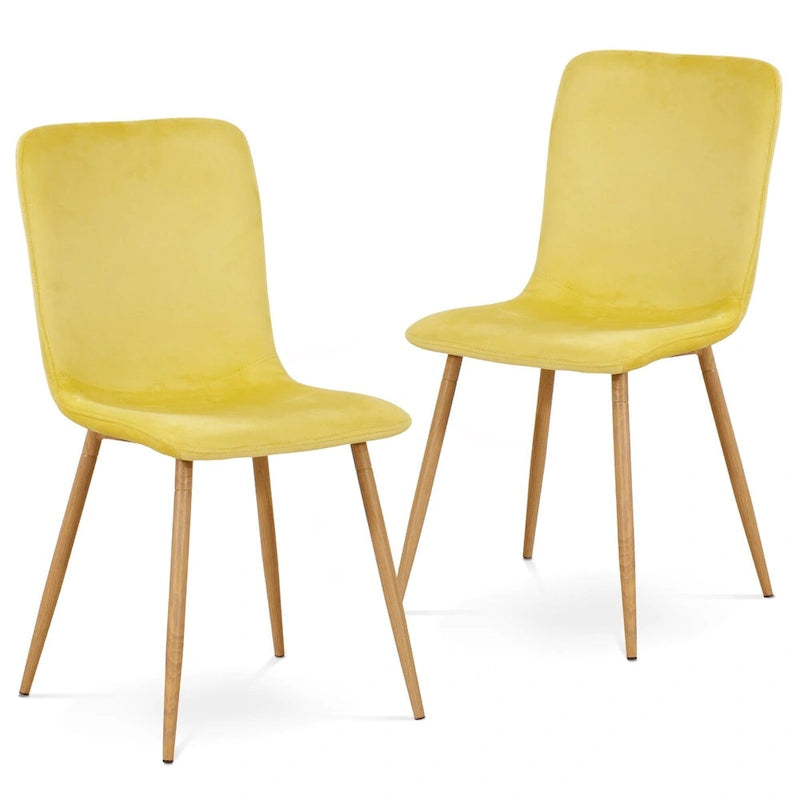 Chaise de salle à manger en velours jaune, dossier galbé, style milieu du siècle