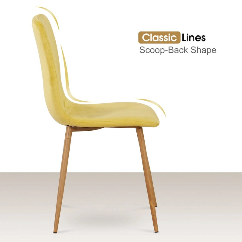 Chaise de salle à manger en velours jaune, dossier galbé, style milieu du siècle