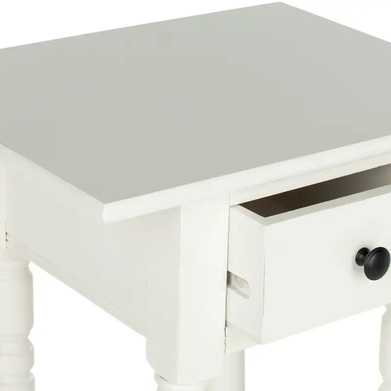 Table d'appoint de style rustique chic en bois sculpté avec tiroir, finition vieillie