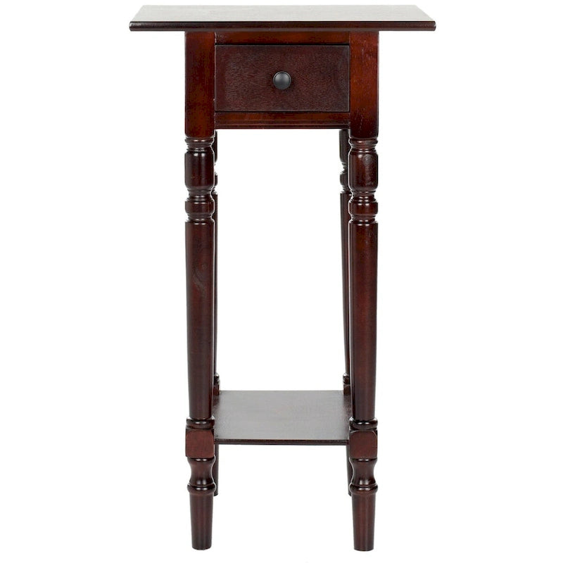 Table d'appoint de style rustique chic en bois sculpté avec tiroir, finition vieillie