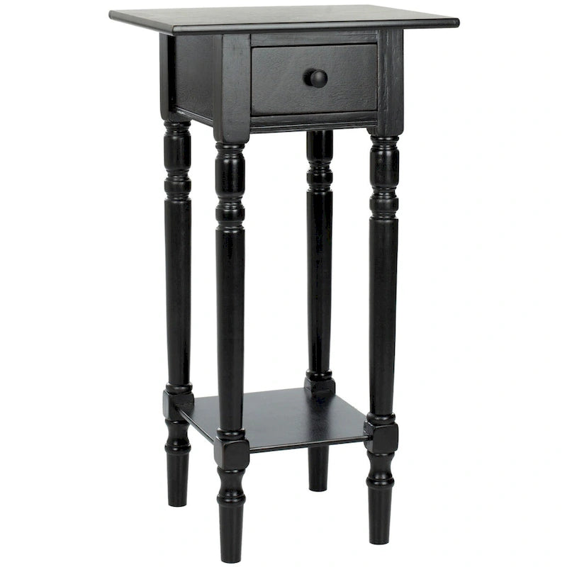 Table d'appoint de style rustique chic en bois sculpté avec tiroir, finition vieillie