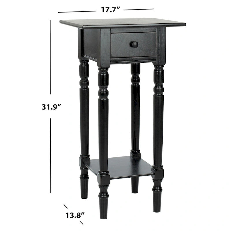 Table d'appoint de style rustique chic en bois sculpté avec tiroir, finition vieillie