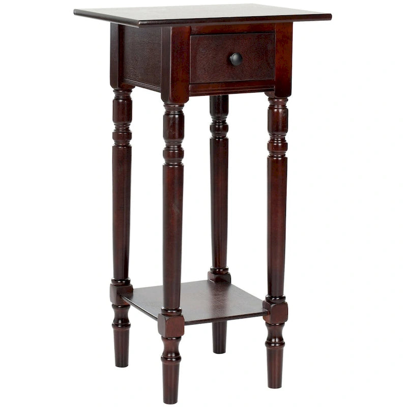 Table d'appoint de style rustique chic en bois sculpté avec tiroir, finition vieillie