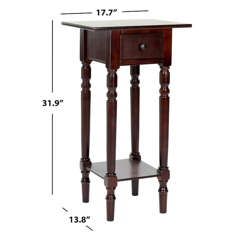 Table d'appoint de style rustique chic en bois sculpté avec tiroir, finition vieillie