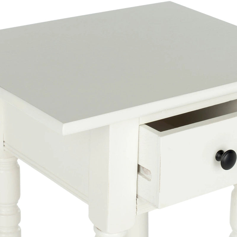 Table d'appoint de style rustique chic en bois sculpté avec tiroir, finition vieillie