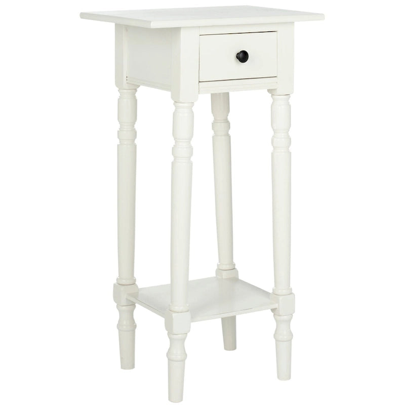 Table d'appoint de style rustique chic en bois sculpté avec tiroir, finition vieillie