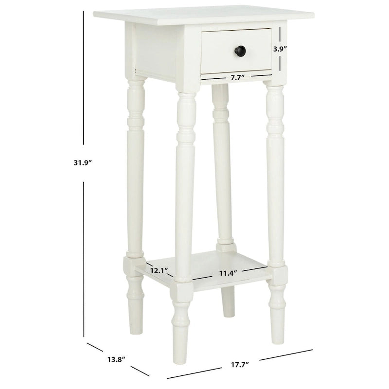 Table d'appoint de style rustique chic en bois sculpté avec tiroir, finition vieillie