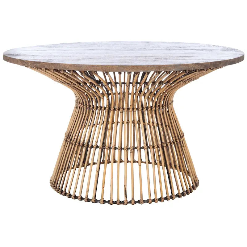 Table basse ronde en rotin avec plateau en bois de manguier blanchi