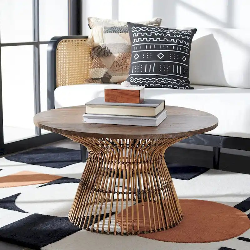 Table basse ronde en rotin avec plateau en bois de manguier blanchi