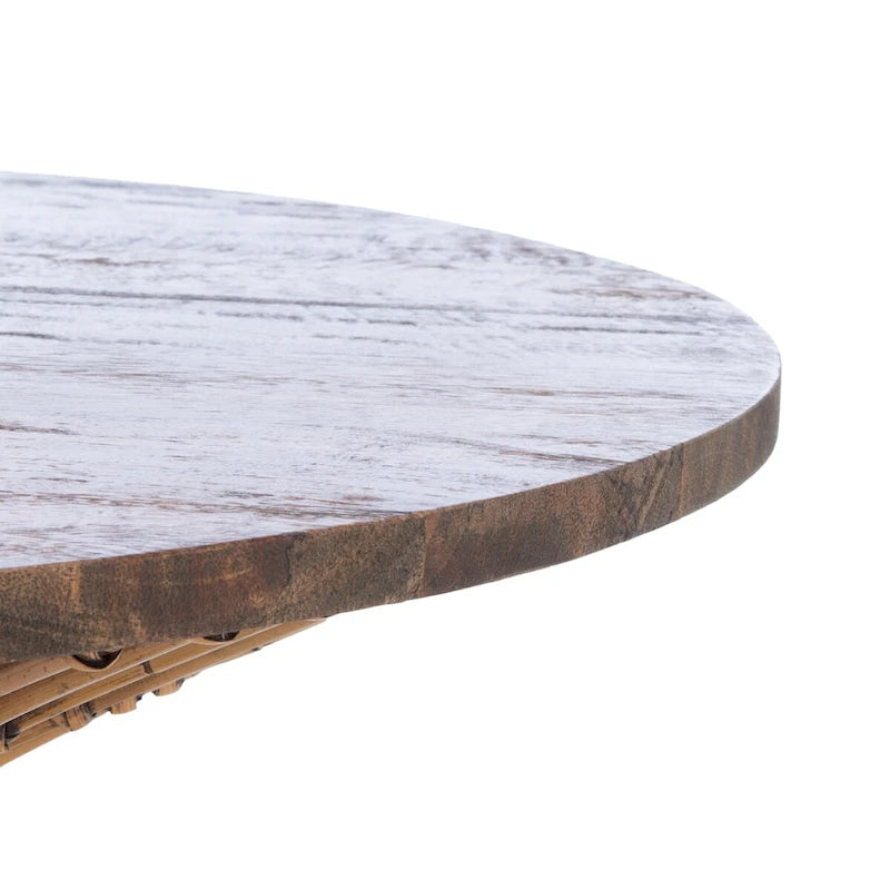 Table basse ronde en rotin avec plateau en bois de manguier blanchi