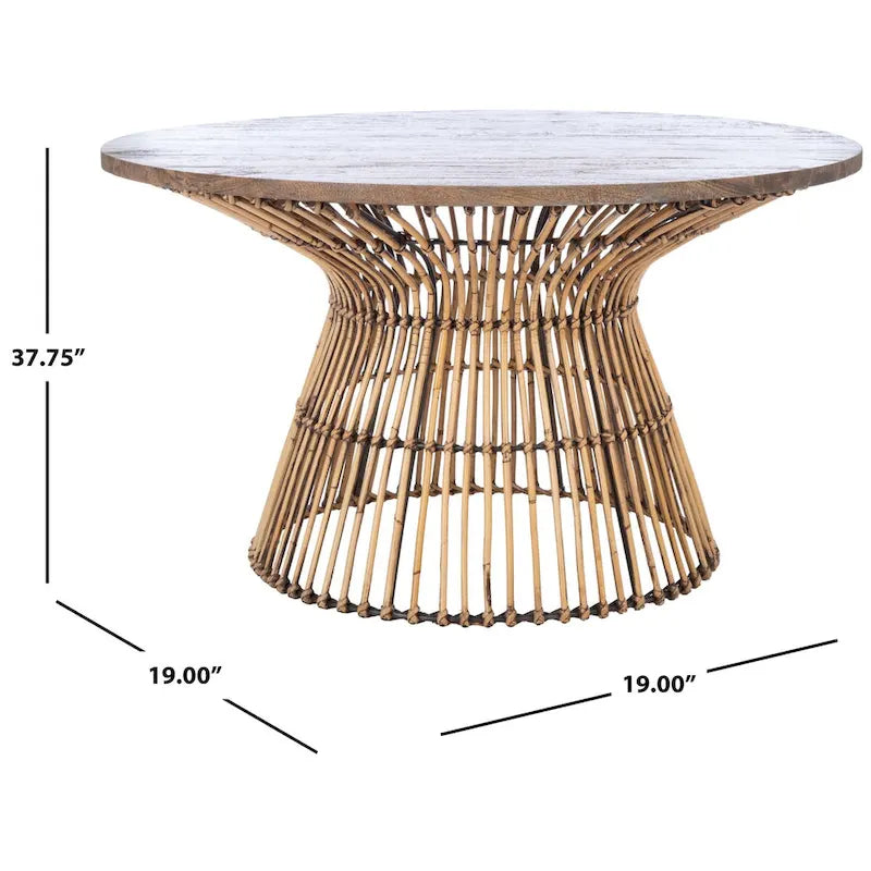 Table basse ronde en rotin avec plateau en bois de manguier blanchi