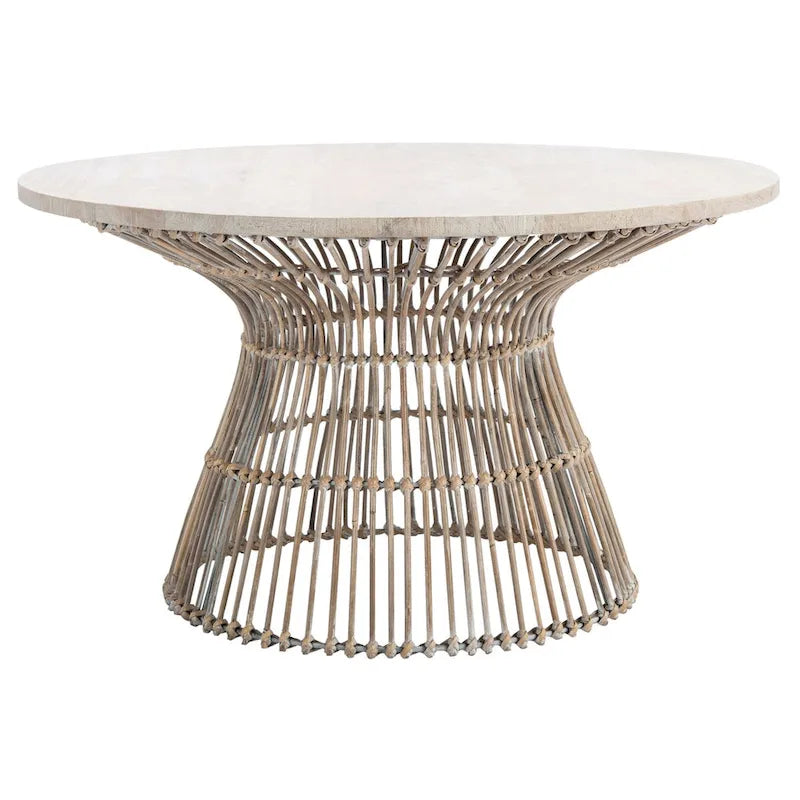 Table basse ronde en rotin avec plateau en bois de manguier blanchi