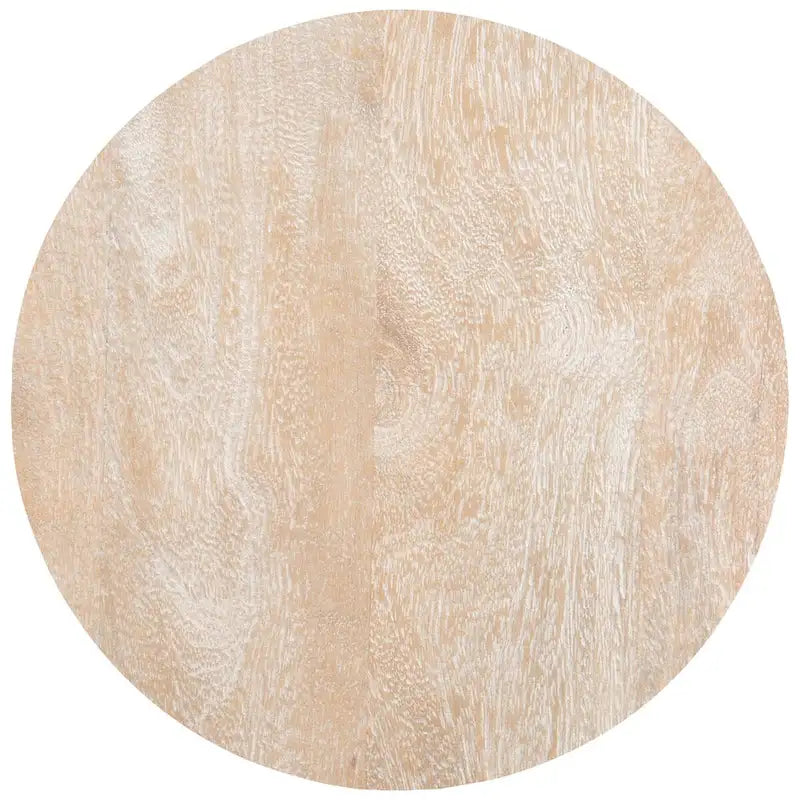 Table basse ronde en rotin avec plateau en bois de manguier blanchi