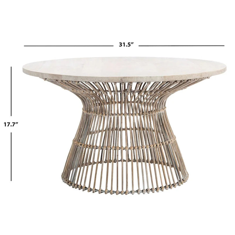 Table basse ronde en rotin avec plateau en bois de manguier blanchi
