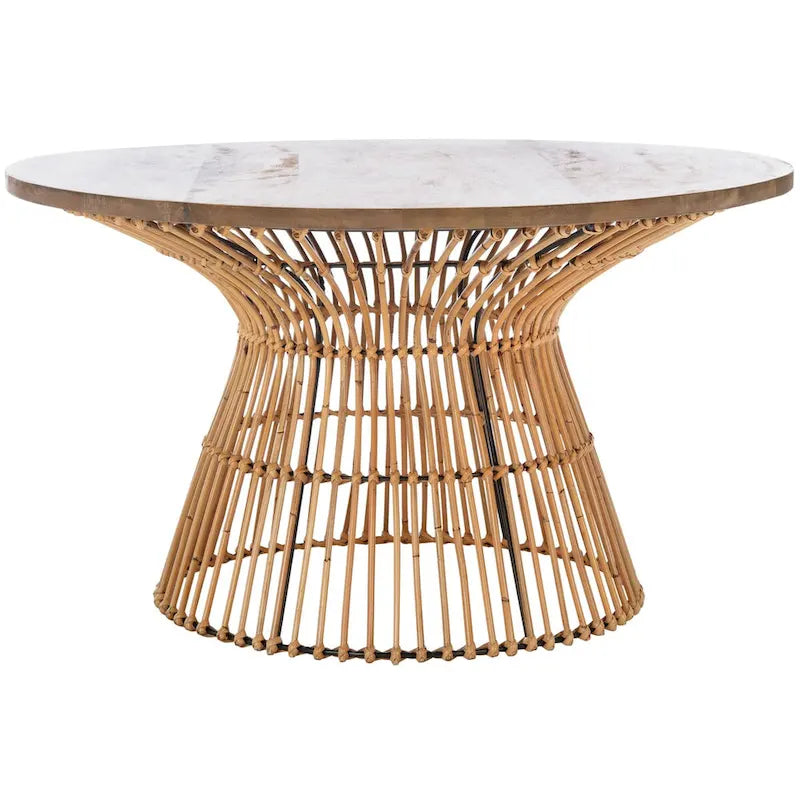 Table basse ronde en rotin avec plateau en bois de manguier blanchi